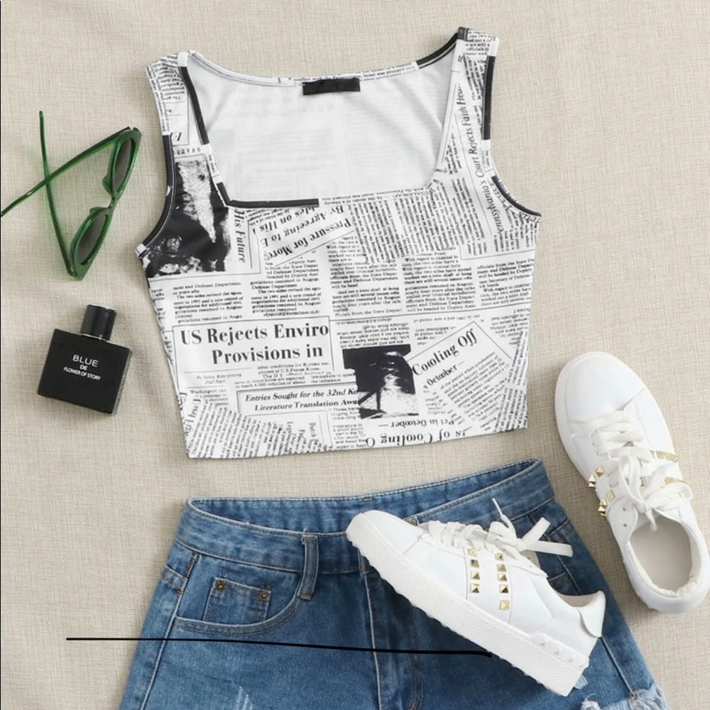 Newspaper Printed Crop Tank Top